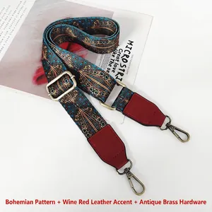 Detail of ethnic glass pattern wide strap with wine red leather and antique hardware