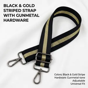 Detail of adjustable black and gold striped shoulder strap with gunmetal swivel hooks