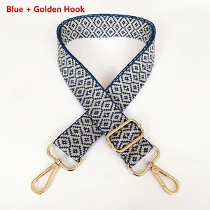 Detail of adjustable blue and beige geometric jacquard strap with gold metal hooks
