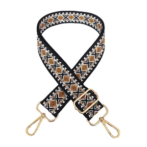 Adjustable geometric diamond jacquard canvas strap with gold metal hooks for handbags