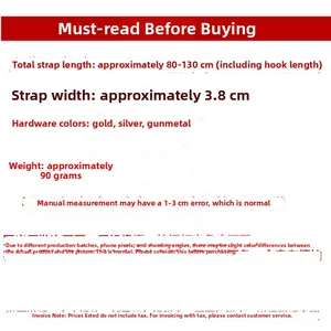 Detailed sizing guide showing adjustable 80-130cm length and 3.8cm width for handbag straps