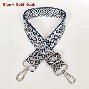 Detail of adjustable blue and white diamond pattern canvas strap with silver lobster hooks