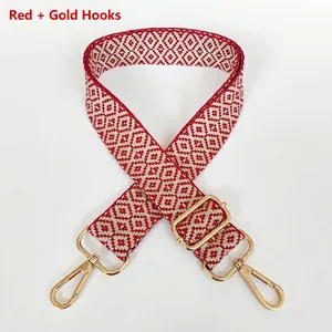 Close-up of red and beige geometric diamond pattern on thick canvas bag strap with gold buckle