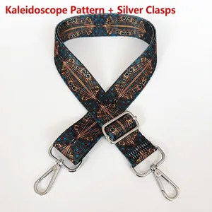 Detail view of the colorful geometric pattern strap with silver metal hooks for crossbody bags