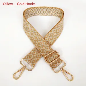 Detailed view of yellow geometric jacquard canvas strap with golden rotating hooks