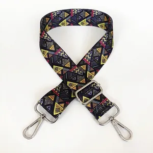 Adjustable wide replacement bag strap with colorful geometric triangles and silver hooks