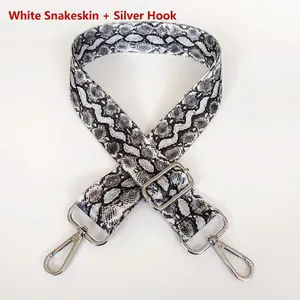 Detail of adjustable snakeskin pattern bag strap with silver metal swivel hooks