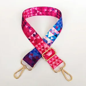 Adjustable geometric pattern wide shoulder strap for bags with gold metal hooks