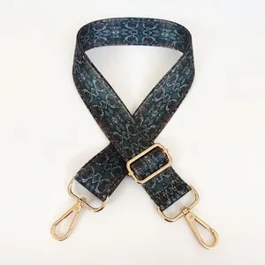 Detail of adjustable wide fabric bag strap with blue snake pattern and gold hooks