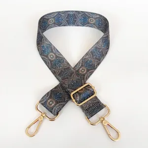 Close-up of ethnic style wide adjustable shoulder strap with gold metal lobster clasps