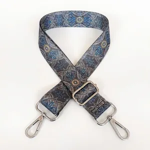 Adjustable retro shoulder strap with blue mandala patterns and silver hooks