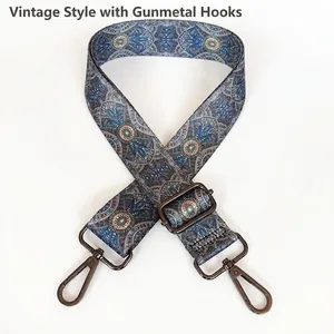 Detail of ethnic geometric mandala strap with gunmetal swivel hooks and adjustable buckle