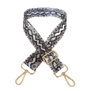 Adjustable wide shoulder strap for handbags with grey snakeskin pattern and gold hardware