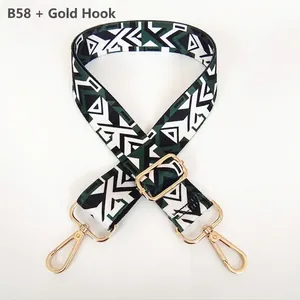 Close-up of wide adjustable bag strap with dark green geometric pattern and gold clasps