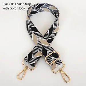 Detail of adjustable canvas strap with black and khaki geometric arrow pattern and gold hooks