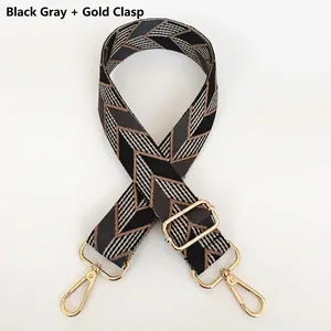 Adjustable black and grey zigzag canvas strap with gold swivel hooks for handbags