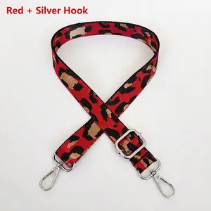 Détail de la bandoulière léopard rouge avec crochets métalliques argentés et texture tissée