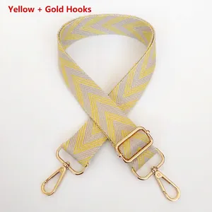 Detail of yellow and grey chevron strap with adjustable gold lobster clasp