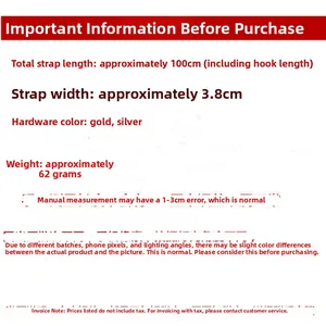 Detailed specs of 3.8cm wide bag strap showing 100cm length and hardware colors
