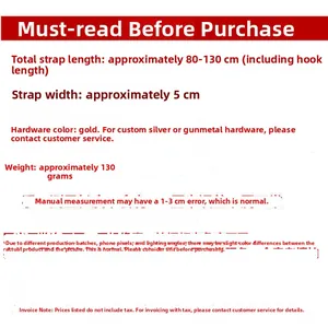 Technical specs for 5cm wide adjustable shoulder strap with gold hardware details