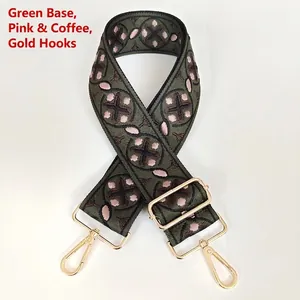 Adjustable woven replacement wide shoulder strap in green with pink coffee jacquard pattern