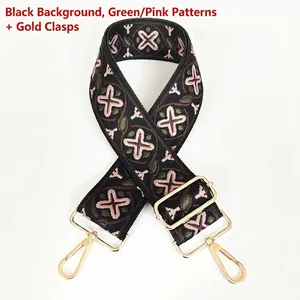 Detail of wide jacquard embroidered bag strap with green-pink floral patterns and gold hooks
