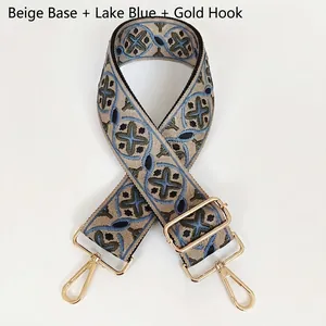 Detail of khaki wide jacquard strap with blue floral pattern and gold metal hooks