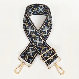 Detail of jacquard embroidered purse strap with ethnic pattern and gold metal hooks