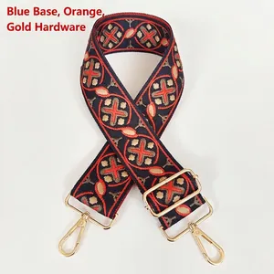 Detail of bohemian geometric pattern on adjustable wide bag strap with gold metal hooks