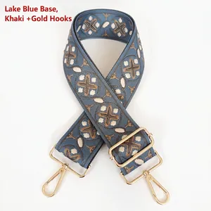Macro detail of lake blue and khaki woven shoulder strap with gold metal swivel hooks