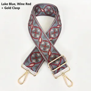 Adjustable geometric ethnic style shoulder strap with lake blue and wine red patterns