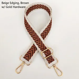 Detail of woven bag strap featuring brown arrow patterns and gold adjustable buckles
