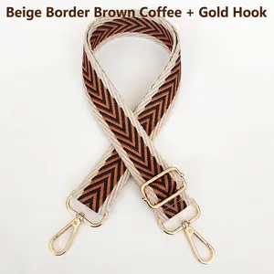 Detail of adjustable chevron strap with beige edges, brown weave and gold lobster hooks