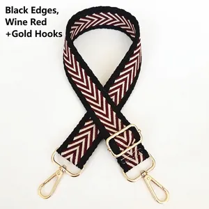 Detail of wine red jacquard chevron strap with gold metal swivel hooks and black edging