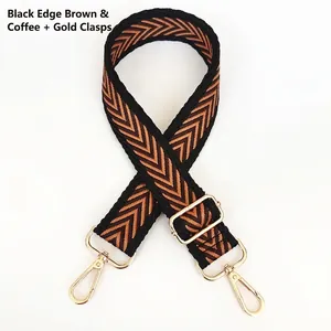Adjustable wide canvas strap with brown coffee chevron jacquard pattern and gold hooks