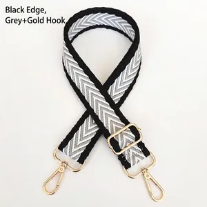 Macro shot of grey herringbone canvas strap with black edges and gold metal snap hooks
