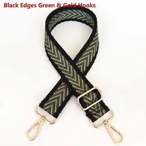 Detailed macro view of woven canvas strap with green herringbone pattern and gold metal hooks