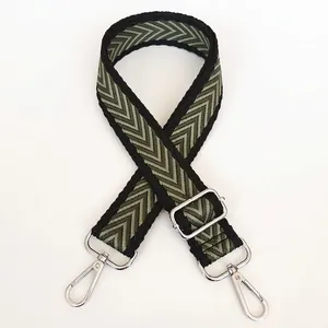 Macro detail of adjustable woven shoulder strap with green and khaki chevron pattern