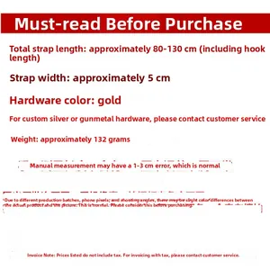Detailed size chart for the adjustable 5cm wide replacement shoulder bag strap with gold hooks