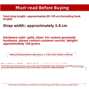 Detailed size chart for the adjustable plaid shoulder strap with metal hook specifications