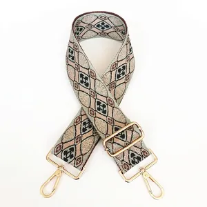 Adjustable wide jacquard embroidery shoulder strap with gold metal lobster hooks for handbags