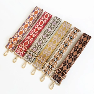 Adjustable Wide Bag Strap Replacement Ethnic Geometric Jacquard Woven Shoulder Crossbody Purse Strap Golden Metal Buckle