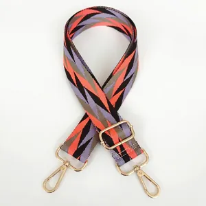 Detail of adjustable wide woven shoulder strap with orange geometric patterns and gold hooks