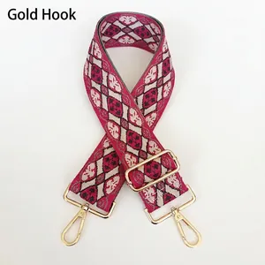 Detail of adjustable geometric patterned bag strap with durable gold rotating hooks