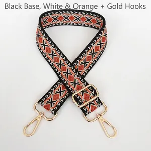 Ethic geometric pattern canvas bag strap with golden metal hooks in black white orange