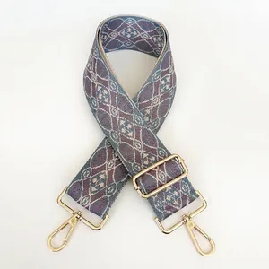 Close-up of adjustable jacquard bag strap with blue-purple patterns and golden hooks
