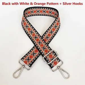 Macro shot of thick canvas shoulder strap with orange diamond pattern and silver hook