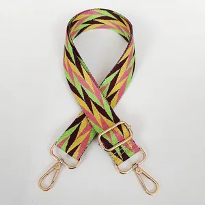 Detail of adjustable geometric diamond pattern shoulder strap with gold swivel hooks