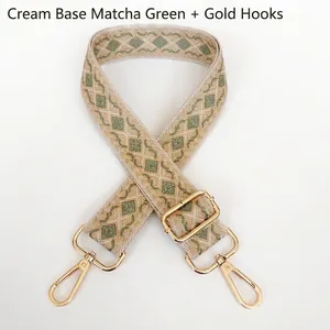 Adjustable beige and matcha green canvas shoulder strap with geometric diamond patterns