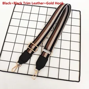 Détail de la bandoulière réglable avec embouts en cuir noir et crochet doré